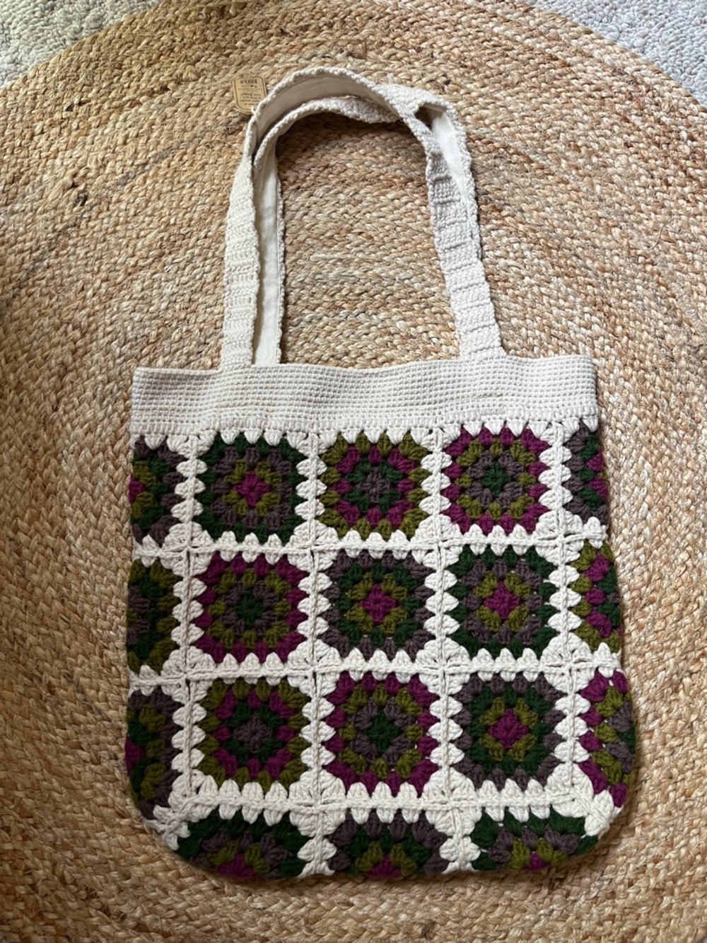 Natural Life Handmade Crochet Granny Square Tote Bag in Cream, Green & Plum